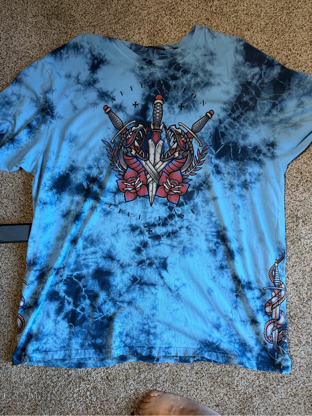 Affliction Blue Tie-Dye Short Sleeve Shirt with Dagger & Rose Graphic